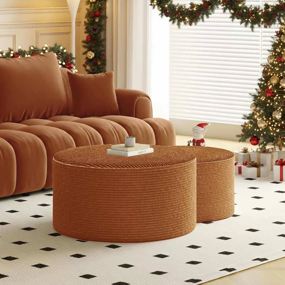 Nesting Coffee Table Set of 2, Upholstered round Corduroy Circle Foam round Side - Image 1 of 4