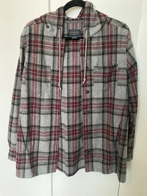 Pendleton Women's Virgin Wool Hoodie Shirt Jacket Gray Plaid Button Up Small - Image 1 of 4