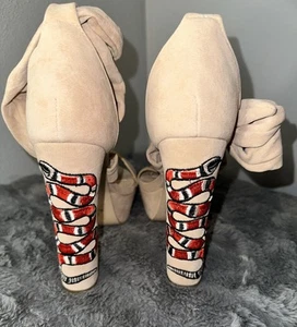 Snake Print Sandals Beige Strap High Heels Chunky Platform Pumps Party Shoes - Picture 1 of 13