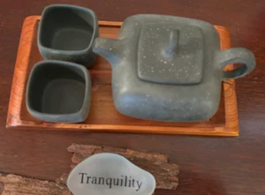 4 pc Vintage HandMade Tea Set Signed 1 Pot/2 Cups/1 Wood Tray pretty - Picture 1 of 12