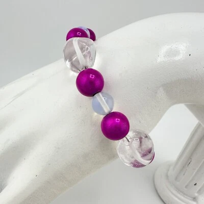 "Pulsera de 6,25"" con cuentas fucsia de vidrio opalita de cuarzo transparente caído 925" Foto 1 de 4