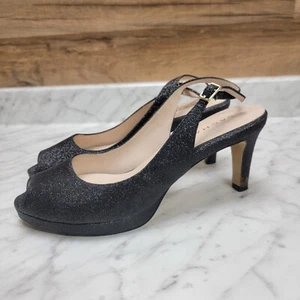 Women's Sz 8.5 Sacha London Sage Peep Toe Black Leather Sling Back Heels Shoes - Picture 1 of 13