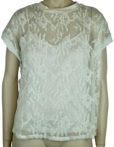 KERSH WHITE FLORAL LACE BLOUSE TOP WITH CAP SLEEVES, SIZE SMALL PETITE - Picture 1 of 5