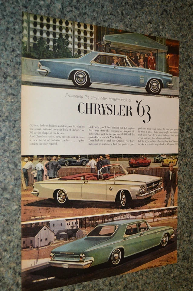 1963 CHRYSLER NEW YORKER-300-NEWPORT ORIGINAL LARGE ADVERTISEMENT PRINT AD 63 - Image 1 of 1