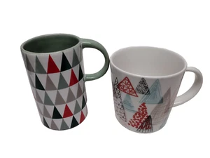 Pair of 2017 Starbucks 12 oz. ceramic mug, stylized trees, triangles - Picture 1 of 5