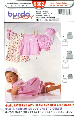 Burda 9802 Dress Pantaloons Baby Infant Sewing Pattern Size 3Mos-18Mos Uncut - Image 1 of 2