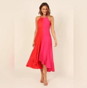 Petal and Pup Pink Red Colorblock Midi Dress US Size 2 Ruffle Hi-Low Hem - Picture 1 of 10