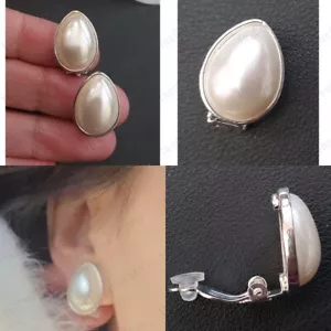CLIP ON 2cm tear RETRO PEARL EARRINGS silver plated FASHION vintage chic cream - Picture 1 of 2