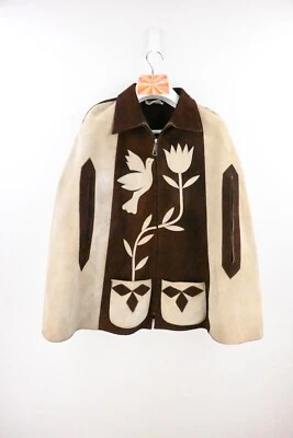 Vintage Mexican suede leather poncho in cream/burgandy OSFM - Image 1 of 4