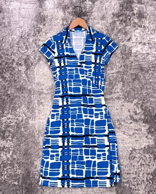 Vestido J McLaughlin XS Mujer Catalina Tela Azul Cuello Envolvente Geométrico Foto 1 de 4