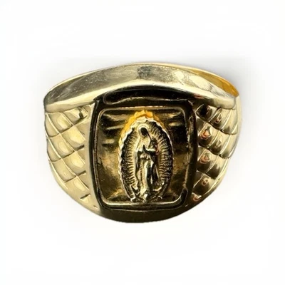 14K Gold Mother Mary Ring Sz 11 Small 20mm 3.8 Gram Textured Fishnet No Stamp - Image 1 of 4