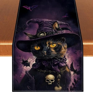 Corredor de mesa Halloween gato negro, decoración de corredor de mesa de cena de Halloween y S - Imagen 1 de 8