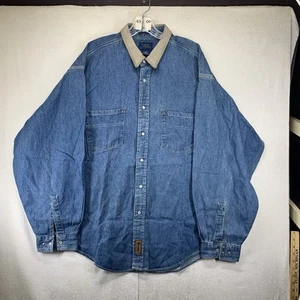 Vintage Pearl Snap Denim Shirt Mens 2XL Leather Collar Casual Outdoor 90s - Picture 1 of 19