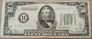 US Fine + Federal Reserve Note 50 $ large black and green seal series 1934 C - Bild 1 von 2