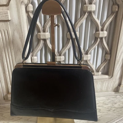 Vintage MCM Black Leather Box Handbag, Brass Closure Classic Old Hollywood Style - Image 1 of 4
