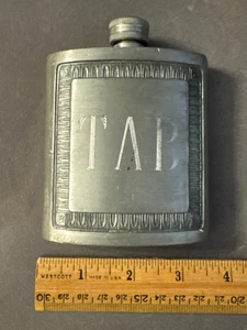 KINGS PEWTER THAILAND TAB ENGRAVED MONOGRAM HIP FLASK VINTAGE - Picture 1 of 8