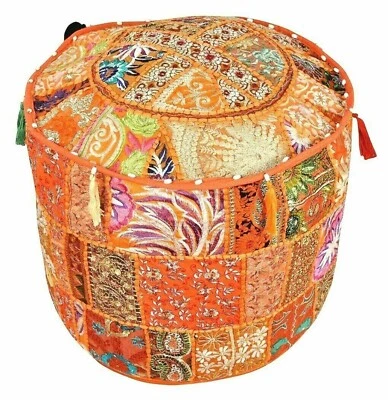 18"Indian Orange Cotton Patchwork Ottoman Pouf Cover Home Decor Cushion Cover AU - Image 1 of 2