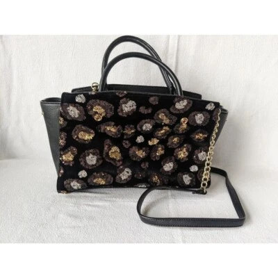 Betsey Johnson Velvet Sequin Leopard Satchel Purse Handbag Interchangeable Black - Image 1 of 4