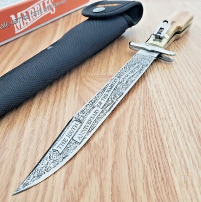 Cuchillo Plegable Bowie Canicas Hoja de Acero Inoxidable 7.25" Blanco Mango de Hueso Liso Foto 1 de 4