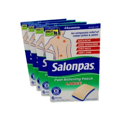 Parches para el dolor Salonpas grandes 5,67" x 3,62" 4 cajas con 6 parches cada una Foto 1 de 2