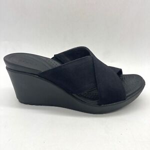 Crocs Leigh II Womens Size 7 Cross-Strap Dual Comfort Wedge Sandal Black Canvas