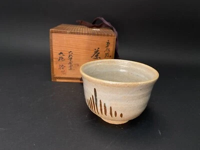 Японская чайная чаша Hagi Chawan бежевая с линиями узор/подписанная коробка - Изображение 1 из 4