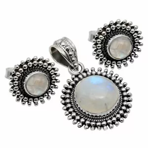 Rainbow Moonstone Solid 925 Sterling Silver Pendant + Earrings Set Jewelry ST-05 - Picture 1 of 1