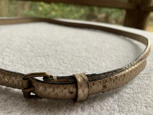 Ann Taylor Leather Belt Snakeskin Embossed Skinny Metallic Gold Brass Buckle L - Picture 1 of 11