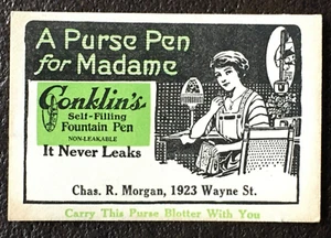 Vtg Conklin Fountain Pen Blotter Purse Pen for Madame Ink Chas Morgan 3x2 - Picture 1 of 9