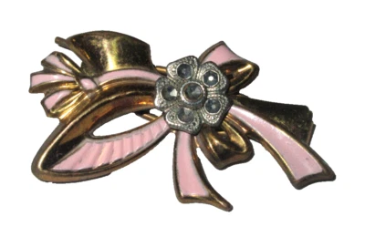 Pin clip antiguo Art Deco (J2) con contorno de metal dorado con pasador de pelo rosa (J2). Foto 1 de 3