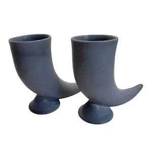 Pair of Blue Ceramic Horn Shaped Beer Stein Mugs Glasses - Picture 1 of 7