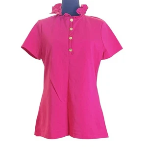 Top ELIZABETH MCKAY Rosa Floral Cuello Volantes Manga Corta Talla L Botón Dorado - Imagen 1 de 7