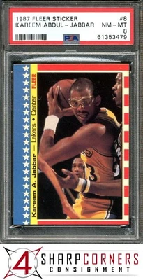1987 FLEER STICKER #8 KAREEM ABDUL-JABBAR LAKERS HOF PSA 8 - Image 1 of 4