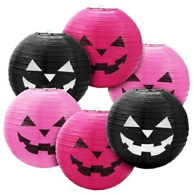  Набор из 6 подвесных бумажных фонарей для Хэллоуина тыквенная бумага Jack-O' розовый, черный - Изображение 1 из 4