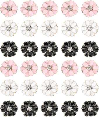 , 30 Pack Buttons Enamel Flower Sewing Button Metal Crystal Rhinestone Flat Back - Image 1 of 4