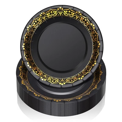Platos de papel desechables negros y dorados de 100 piezas platos desechables negros de 7" con oro R... Foto 1 de 4
