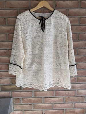 Blusa Talbots Feminina Tamanho 1X Marfim Renda Forrada Acabamento de Veludo Manga Longa - Imagem 1 de 4