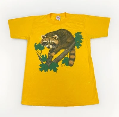 Vintage 80s Nature T Shirt Raccoon Cotton Grove Designs Yellow Size Small 1987 - Image 1 of 4