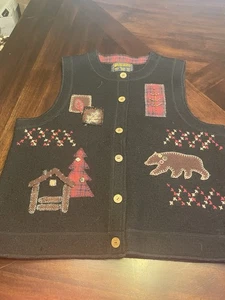 Woolrich Wool Sweater Vest Small Bear Cabin Fall Button - Picture 1 of 4