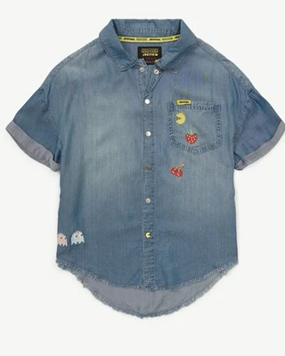 Justice + PAC-MAN новый с Ярлыками вышитая рубашка для девочки размер M (10) Hi-Lo Fray кромки - Изображение 1 из 3