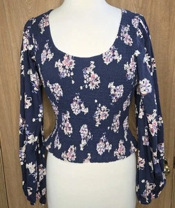 Anthropologie Top Cotton Blue Floral Smocked Peplum Cut Out Classic Top Size S - Picture 1 of 5