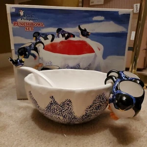 Party Penguins Christmas Winter Punch Bowl Set Bowl Penguin Mugs Cups Vintage  - Picture 1 of 7