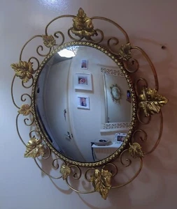 Decorative Brass Round Accent Mirror Convex Dome Brass Leaf Frame - Picture 1 of 4