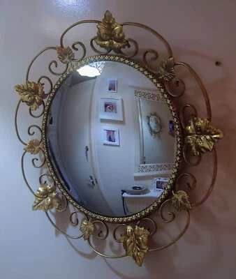 Decorative Brass Round Accent Mirror Convex Dome Brass Leaf Frame - Image 1 of 4