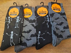 Men's Halloween Socks Crew Half Calf Skeleton in black & Bats in Grey 4 Pack - Picture 1 of 2