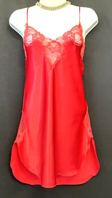 Lencería de Colección Años 70 JONQUIL Samandi Sedosa Chemise Talla M Rojo Satinado Encaje Negligee EE. UU. Foto 1 de 4
