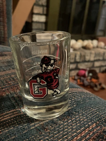 Vintage Rare Georgia Bulldogs Shot Glass Georgia On Top Of Other Teams Mascot Cover