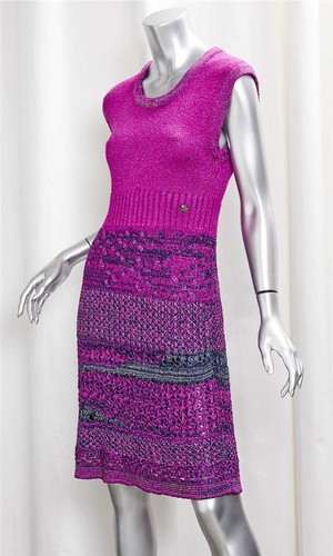 Abito CHANEL fucsia tweed maglia senza maniche al ginocchio FR38 US6 NUOVO