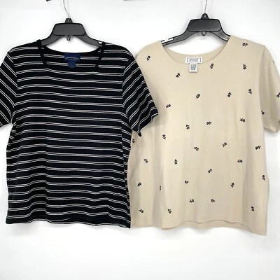 Lote de 2 camisetas vintage de Jennifer Moore Charter Club para mujer talla L beige negro Foto 1 de 4