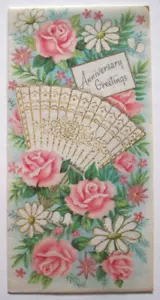 Fan daisies & roses glitter Anniversary vintage greeting card CC6 - Picture 1 of 3